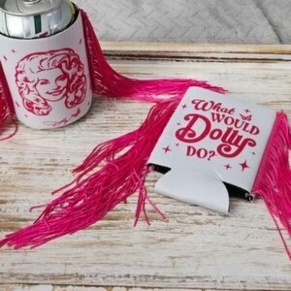 Set of 2 Dolly Parton Double-Sided Fringe Can Holder Coozie 5" Pink - Picture 4 of 7